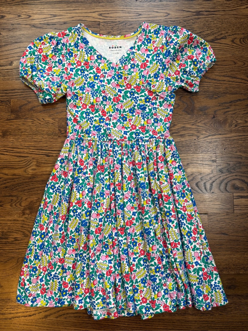 Mini Boden Girls Multicolor Floral Puff-Sleeve Dress Twirl Ballerina Dress 11-12